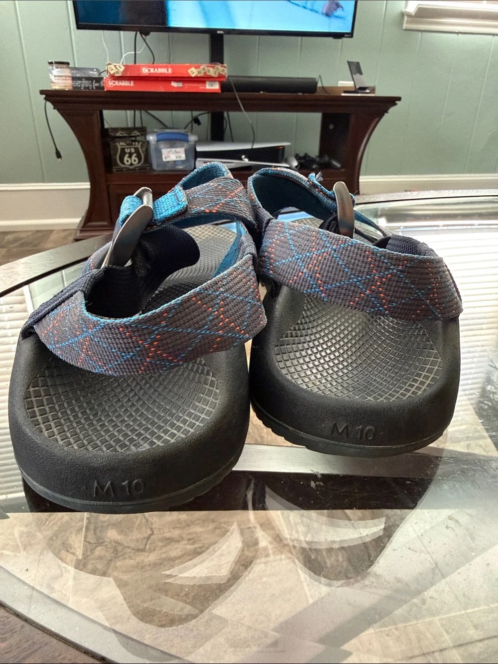 Chaco Men's Black Footbed Sandals with Blue Patterned Straps